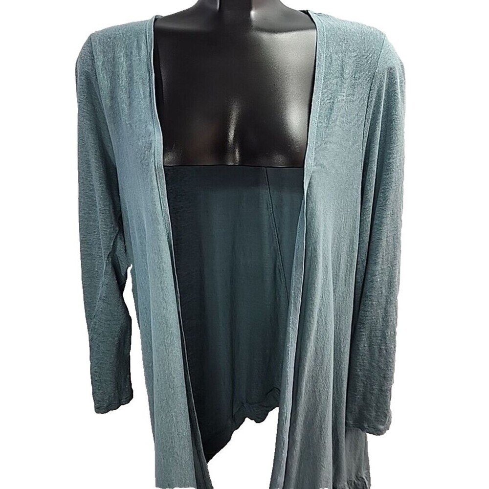 Tahari Cardigan 100% Linen Blue Long Sleeve Size Large Open Front Women Top